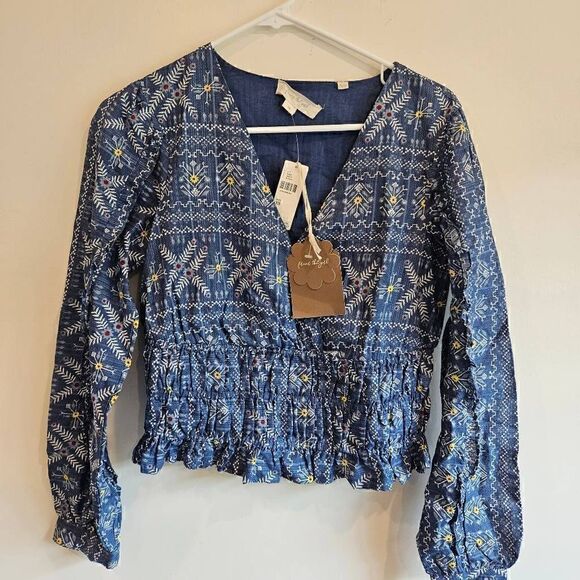 Anthropologie ForeverThat Girl Embroidered Blue Floral Smocked Waist Blouse Boho - Picture 4 of 9